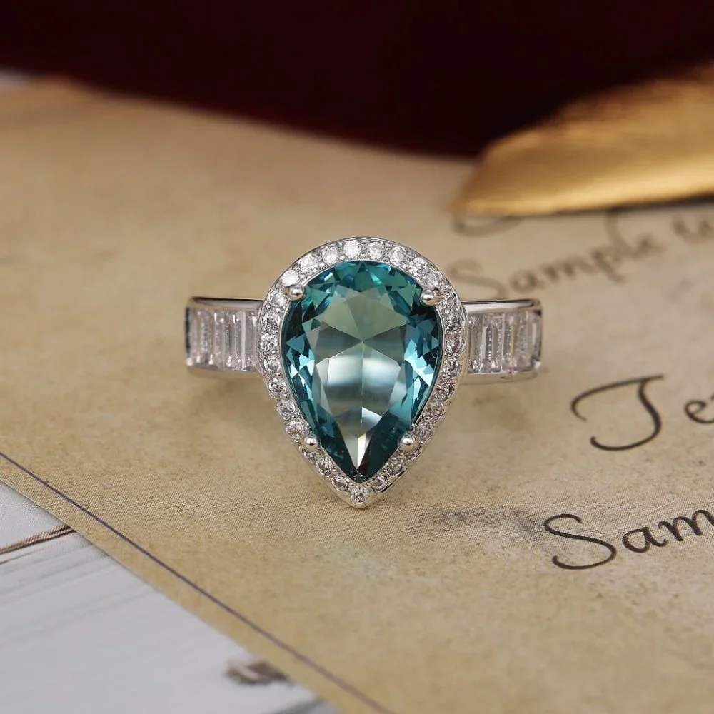 😍DAINTY SEA BLUE WATER DROP CRYSTAL PURE CZ SILVER PEAR RING FOR WOMEN, K916